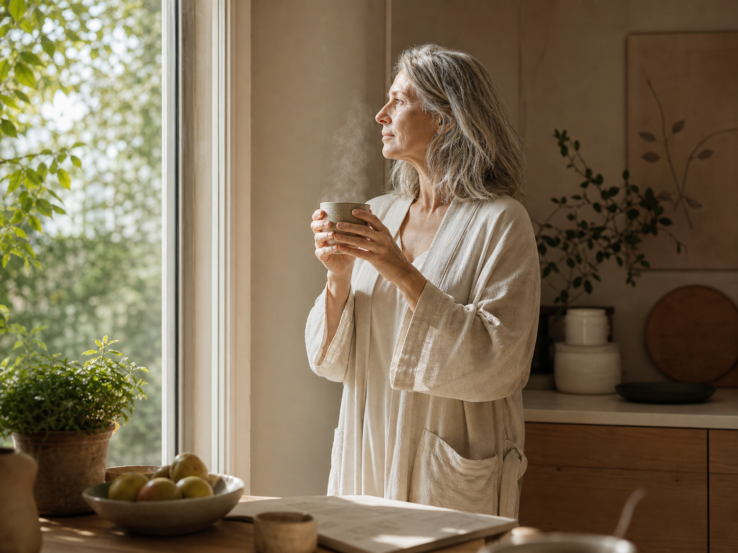 Frau am Küchenfenster mit warmer Tasse — ein ruhiger Morgen