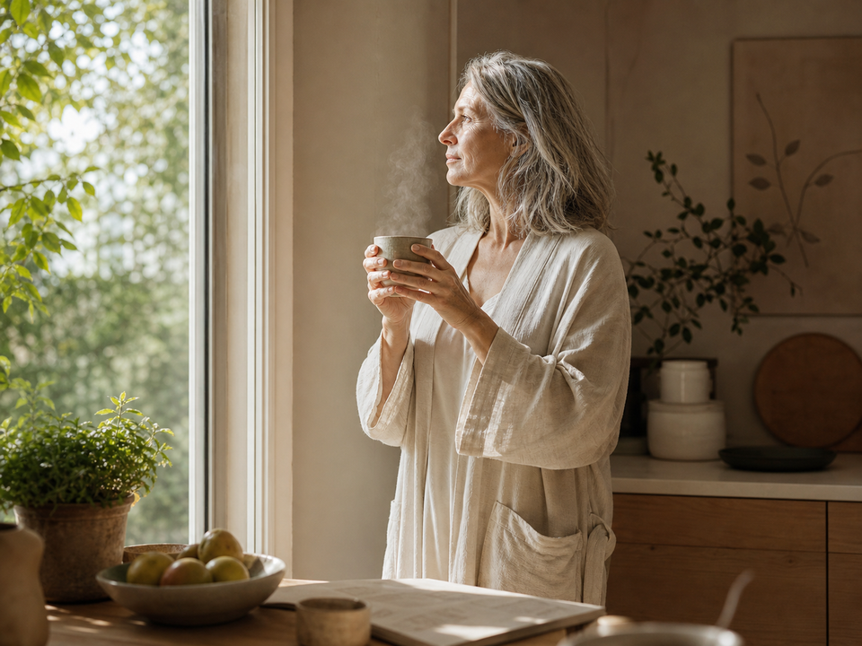 Frau am Küchenfenster mit warmer Tasse — ein ruhiger Morgen